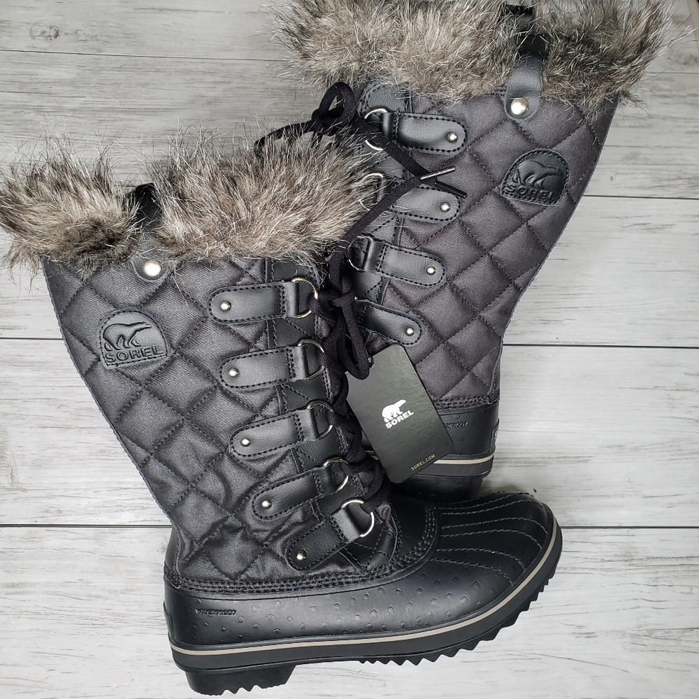 Sorel Tofino Boots Calf NEW Womens Black Fur Topped Duck Rubber Boots 8 Designer